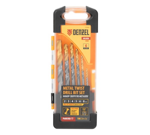 Набор сверл по металлу, 2-8мм, Р6М5К8-TiN, Golden Tip, 6 шт Denzel