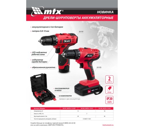 Дрель-шуруповерт аккумуляторная MCDL-12-02P, Li-Ion, 12 В, 2 акк. MTX Дрель-шуруповерт аккумуляторная MCDL-12-02P, Li-Ion, 12 В, 2 акк. MTX