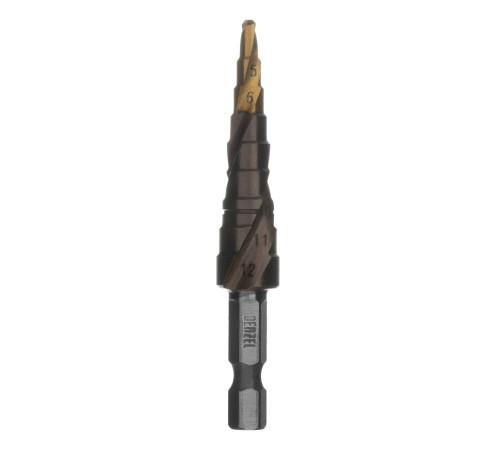 Сверло ступенчатое 4-5-6-7-8-9-10-11-12 мм, Р6М5К5, 6-гр. хвостовик Denzel