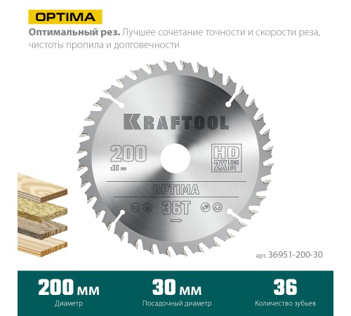 KRAFTOOL Optima, 200 х 30 мм, 36Т, пильный диск по дереву (36951-200-30) KRAFTOOL Optima, 200 х 30 мм, 36Т, пильный диск по дереву (36951-200-30)
