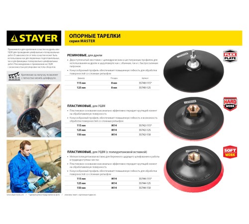 STAYER Ø 125 мм, М14, на липучке, тарелка опорная для УШМ 35742-125 STAYER Ø 125 мм, М14, на липучке, тарелка опорная для УШМ 35742-125