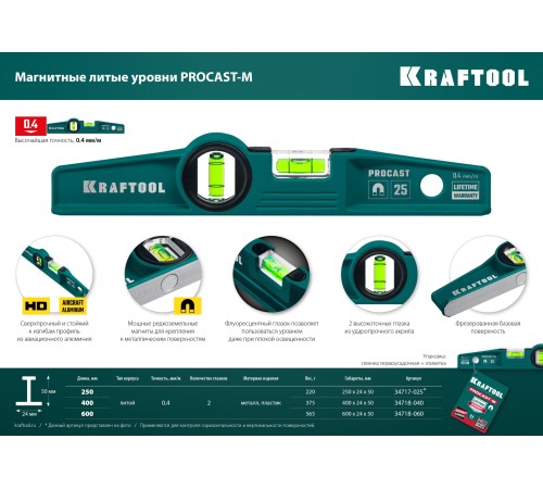 KRAFTOOL PROCAST-M, 600 мм, магнитный литой уровень (34718-060)