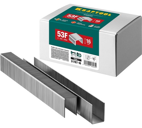 KRAFTOOL скобы тип 53F, 16 мм, скобы для степлера плоские 31787-16 KRAFTOOL скобы тип 53F, 16 мм, скобы для степлера плоские 31787-16