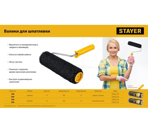 STAYER PUTTY 80 мм, 180 мм, 8 мм ручка, валик для шпатлевки, PROFESSIONAL (03642-18) STAYER PUTTY 80 мм, 180 мм, 8 мм ручка, валик для шпатлевки, PROFESSIONAL (03642-18)