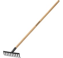 GRINDA GT-10 WOOD, 260 х 80 х 1300 мм, 10 прямых зубцов, углерод. сталь, антикор. покрытие, черенок дерев. высш. сорт, садовые грабли (39583-10)
