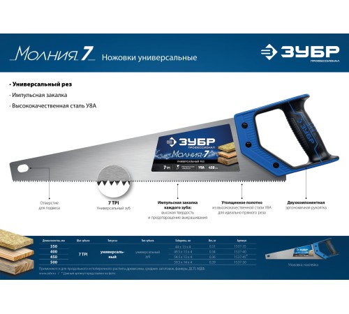 ЗУБР 7 TPI, 500 мм, ножовка универсальная (пила) МОЛНИЯ 7 1537-50_z02 Профессионал