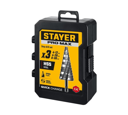 STAYER Pro-Max 3 шт, 4-30мм, винтовая спираль, набор сверл ступенчатых (29661-4-30-H3)