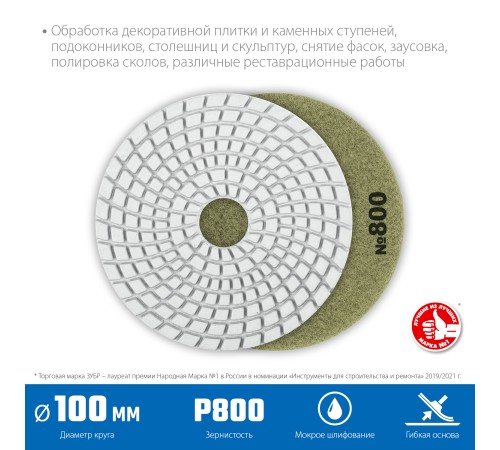 ЗУБР 100 мм, №800, мокрое шлифование, алмазный гибкий шлифовальный круг АГШК, Профессионал (29866-800) ЗУБР 100 мм, №800, мокрое шлифование, алмазный гибкий шлифовальный круг АГШК, Профессионал (29866-800)