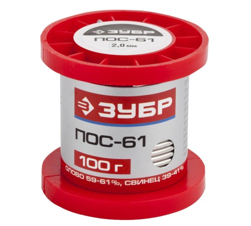 ЗУБР 100 г, ПОС 61, проволока, 2 мм, припой 55450-100-20 ЗУБР 100 г, ПОС 61, проволока, 2 мм, припой 55450-100-20