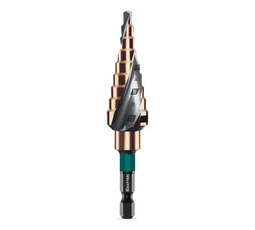 KRAFTOOL COBALT 4-20мм, 9 ступеней, азотирование, винтовая спираль, сверло ступенчатое(29691-4-20-9) KRAFTOOL COBALT 4-20мм, 9 ступеней, азотирование, винтовая спираль, сверло ступенчатое(29691-4-20-9)