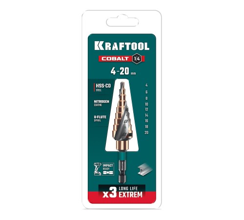 KRAFTOOL COBALT 4-20мм, 9 ступеней, азотирование, винтовая спираль, сверло ступенчатое(29691-4-20-9) KRAFTOOL COBALT 4-20мм, 9 ступеней, азотирование, винтовая спираль, сверло ступенчатое(29691-4-20-9)