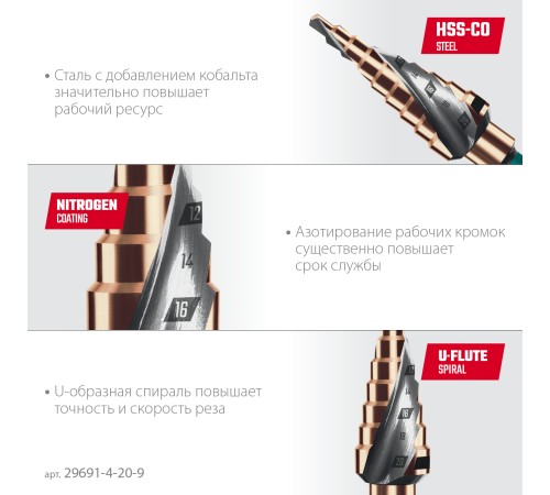 KRAFTOOL COBALT 4-20мм, 9 ступеней, азотирование, винтовая спираль, сверло ступенчатое(29691-4-20-9) KRAFTOOL COBALT 4-20мм, 9 ступеней, азотирование, винтовая спираль, сверло ступенчатое(29691-4-20-9)
