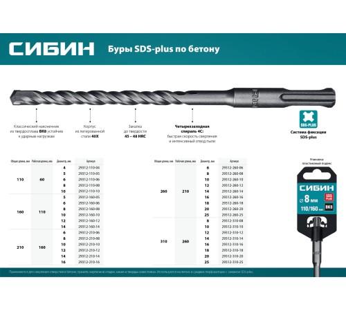 СИБИН 4 х 110 мм, бур SDS-plus 29312-110-04 СИБИН 4 х 110 мм, бур SDS-plus 29312-110-04