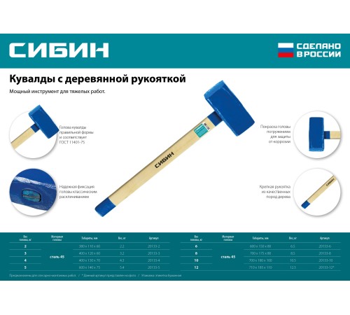 СИБИН 10 кг, с деревянной рукояткой, кувалда 20133-10 СИБИН 10 кг, с деревянной рукояткой, кувалда 20133-10