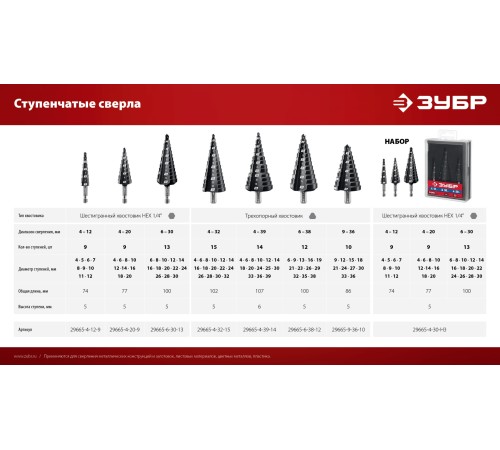 ЗУБР 3 шт., 4-30мм, набор сверл ступенчатых(29665-4-30-H3) ЗУБР 3 шт., 4-30мм, набор сверл ступенчатых(29665-4-30-H3)