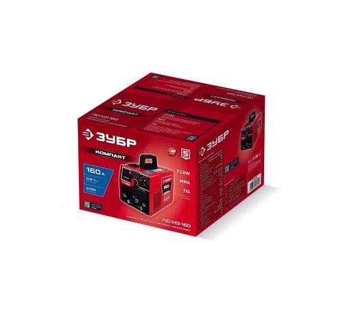 ЗУБР КОМПАКТ, FCAW, MMA, TIG, 160 А, полуавтомат сварочный, без газа, горелка ПС-160 (ПС-М3-160)