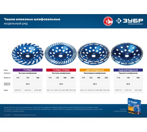 ЗУБР Турбо, d 180 мм, сегментированная алмазная шлифовальная чашка, Профессионал (33370-180)