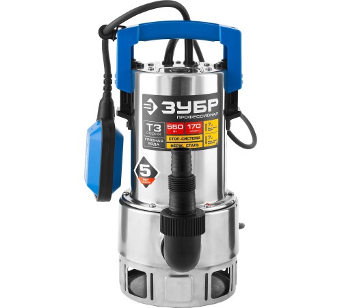 ЗУБР 550 Вт, дренажный насос для грязной воды, корпус - нерж. сталь, Профессионал (НПГ-Т3-550-С)