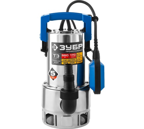 ЗУБР 550 Вт, дренажный насос для грязной воды, корпус - нерж. сталь, Профессионал (НПГ-Т3-550-С)