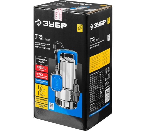 ЗУБР 550 Вт, дренажный насос для грязной воды, корпус - нерж. сталь, Профессионал (НПГ-Т3-550-С)