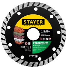 STAYER Progressive, d115 мм, (22.2 мм, 7 х 2.4 мм), сегментированный алмазный диск, Professional (3662-115)