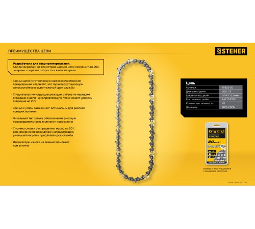 STEHER тип 23, 20 см, шаг 1/4″, паз 1.1 мм, 45 звеньев, шина (75223-20)