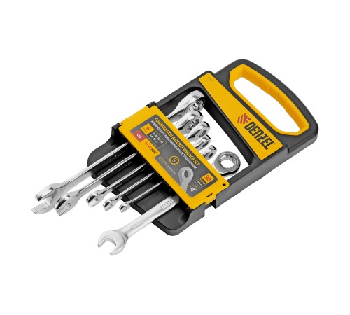 Набор ключей комбинированных трещоточных 6-17 мм, 6 шт., CrV, матовый хром Denzel