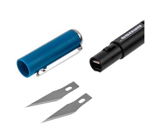 Нож для дизайна, выдвижное перовое лезвие, двухкомпонентная рукоятка, металлическая клипса для фиксации, 150 мм, 2 запасных лезвия Gross Нож для дизайна, выдвижное перовое лезвие, двухкомпонентная рукоятка, металлическая клипса для фиксации, 150 мм, 2 запасных лезвия Gross