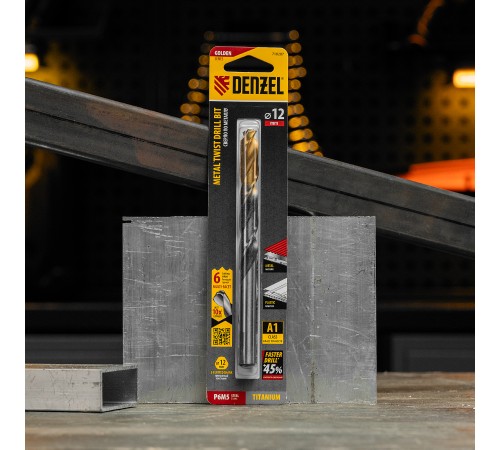 Сверло спиральное по металлу 12 x 151мм, Р6М5, Golden Tip, многогранная заточка Denzel