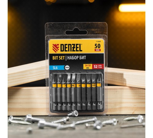 Бита SL6,0х50, сталь S2, шестигранный профиль, 10 шт. Е 6,3 Denzel