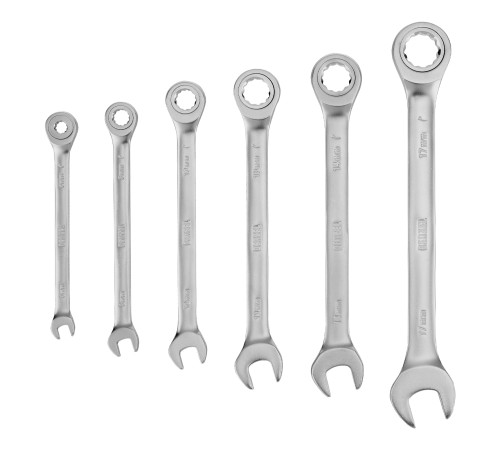 Набор ключей комбинированных трещоточных 6-17 мм, 6 шт., CrV, матовый хром Denzel