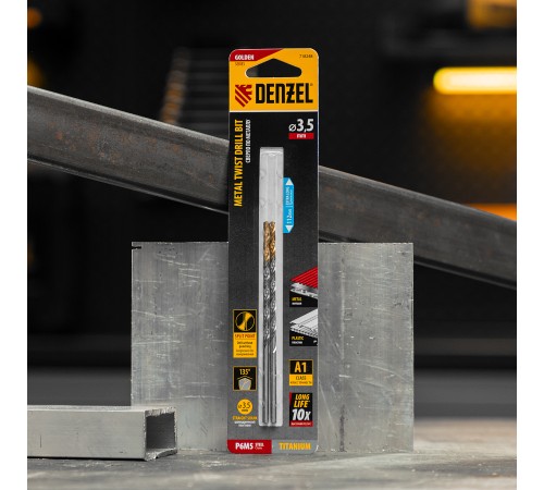 Сверло спиральное по металлу 3,5 х 112 мм, Р6М5, Golden Tip, удлиненное, 2шт. Denzel