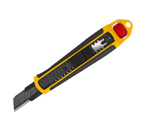 Нож, 18 мм, сменное лезвие, SK4, корпус из ABS + TPR, торцевой зажим Denzel