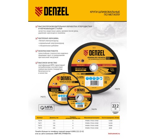 Круг шлифовальный по металлу, 115 х 6,0 х 22,2 мм, A24QBF// Denzel