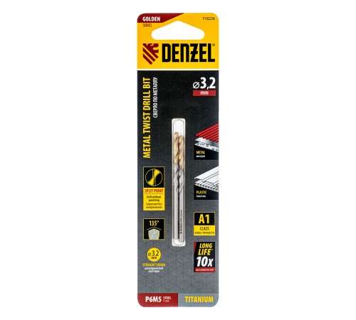 Сверло спиральное по металлу 3,2 x 65 мм, Р6М5, Golden Tip , 2шт. Denzel
