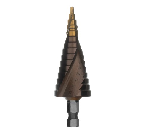 Сверло ступенчатое, 4-6-8-10-12-14-16-18-20-22-24-26-28-30-32 мм, Р6М5К5, 6-гр. хвостовик Denzel