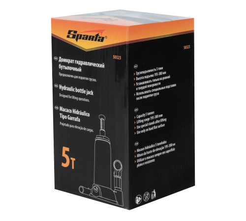 Домкрат гидравлический бутылочный, 5 т, h подъема 195-380 мм Sparta