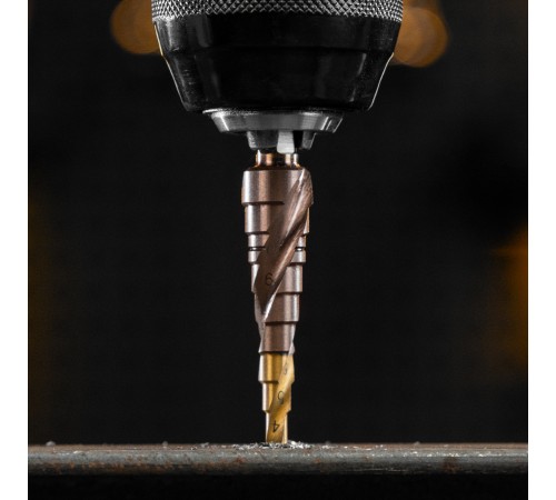 Сверло ступенчатое 4-5-6-7-8-9-10-11-12 мм, Р6М5К5, 6-гр. хвостовик Denzel