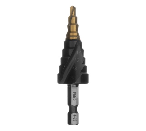 Сверло ступенчатое 4-6-8-10-12-14-16-18-20 мм, Р6М5, 6-гр. хвостовик Denzel