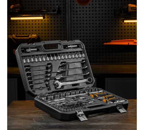 Набор инструментов, 1/2", 1/4", CrV, S2, пластиковый кейс, 82 предмета Denzel