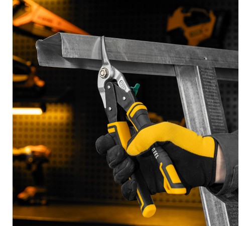 Ножницы по металлу, 270 мм, прямой и правый рез, сталь-СrMo, трехкомпонентные рукоятки Denzel