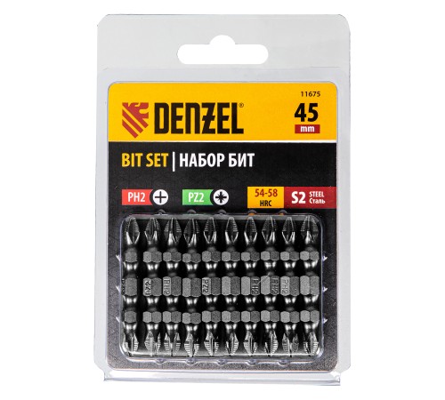 Бита двухсторонняя, PH2-PZ2 х 45 мм, сталь S2, 10 шт. Denzel Бита двухсторонняя, PH2-PZ2 х 45 мм, сталь S2, 10 шт. Denzel
