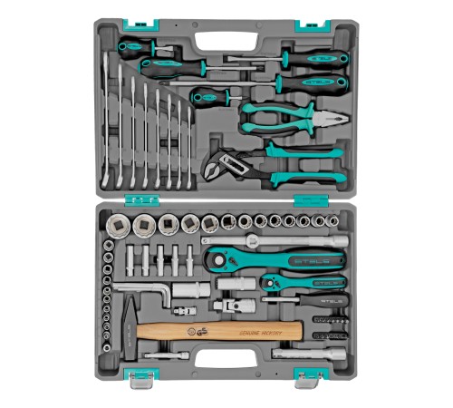 Набор инструментов, 1/2", 1/4", CrV, 12 гранные головки, пластиковый кейс, 76 предметов Stels