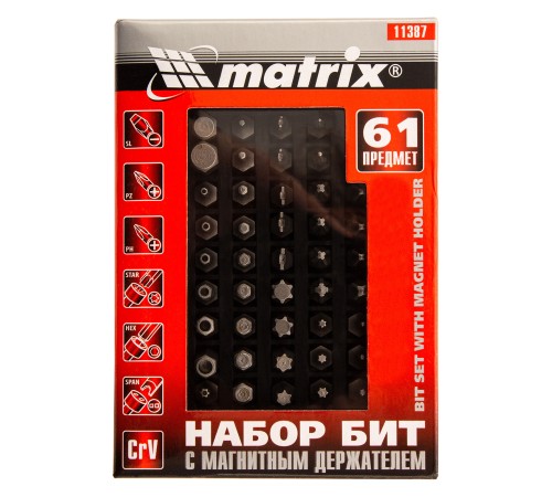 Набор бит с магнитным держателем, CrV, 61 шт. Matrix Набор бит с магнитным держателем, CrV, 61 шт. Matrix