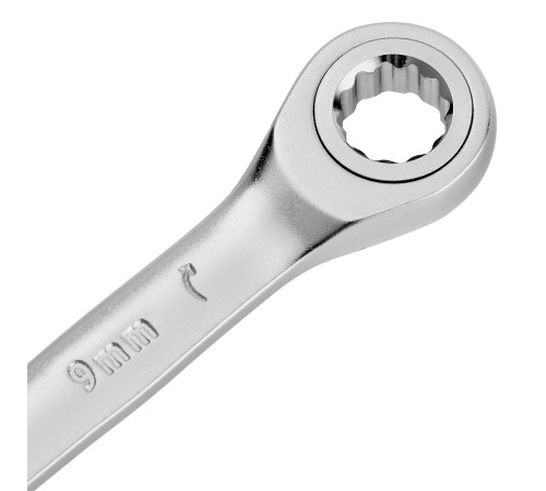 Ключ комбинированный трещоточный, 9 мм, CrV, матовый хром Denzel