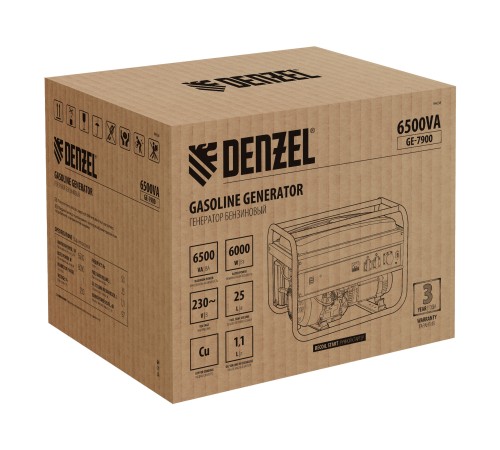 Генератор бензиновый GE 7900, 6.5 кВт, 220 В/50 Гц, 25 л, ручной пуск Denzel