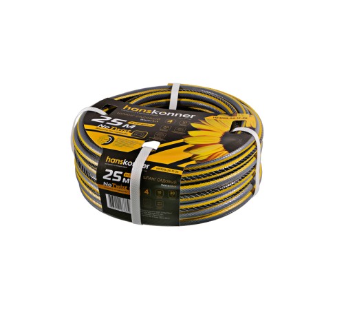 Шланг поливочный армированный, усиленный, 4х слойный, 1/2", 25 м, желто-черный Hanskonner (рус)