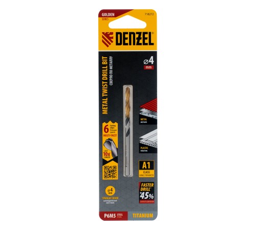 Сверло спиральное по металлу 4 x 75мм, Р6М5, Golden Tip, многогранная заточка Denzel