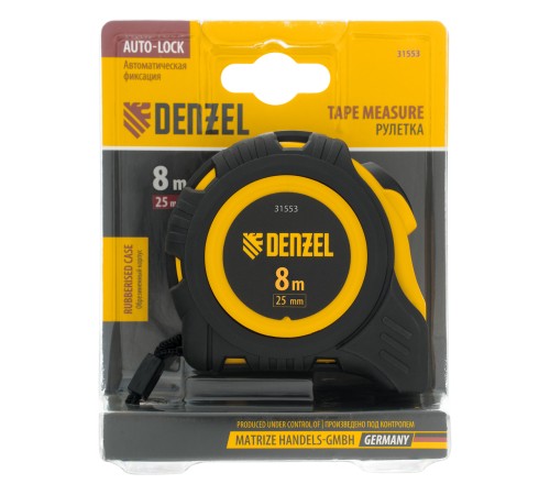 Рулетка 8м х 25мм, обрезиненный корпус, автоматическая фиксация Denzel Рулетка 8м х 25мм, обрезиненный корпус, автоматическая фиксация Denzel