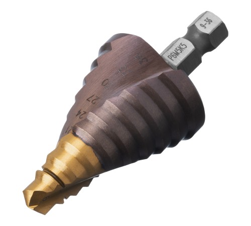 Сверло ступенчатое, 9-12-15-18-21-24-27-30-33-36 мм, Р6М5К5, 6-гр. хвостовик Denzel